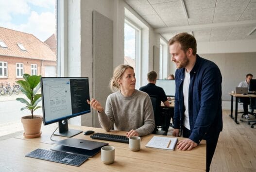 Team arbejder med webdesign og digitale strategier på et moderne kontor i rødekro