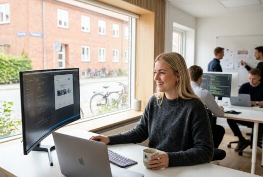 Skandinavisk team arbejder med digitale løsninger på kontor i Rødkærsbro