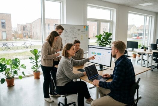 Moderne webbureau i Rødovre med dansk team foran computere og digitale dashboards