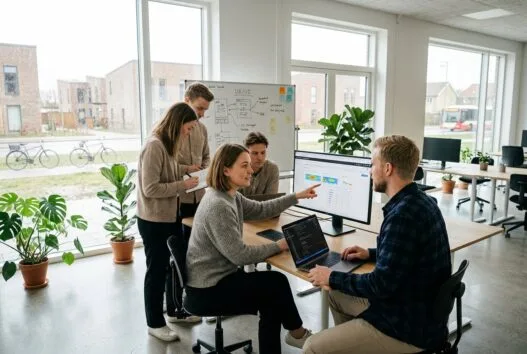 Moderne webbureau i Rødovre med dansk team foran computere og digitale dashboards