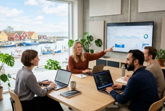 Moderne webbureau i Rødvig med dansk team foran computer og dashboards