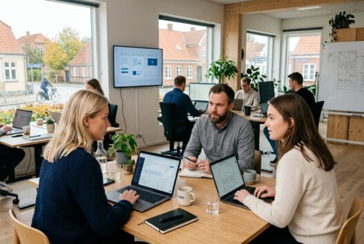 Moderne webbureau i Røjle med team ved computer og digitale dashboards