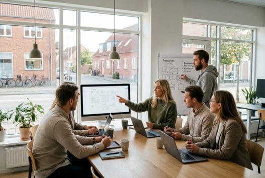 Skandinavisk team arbejder med webdesign og SEO på kontor i Rønde
