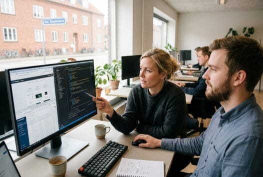 Skandinavisk webteam arbejder med digitale dashboards på kontor i Rønnbjerg