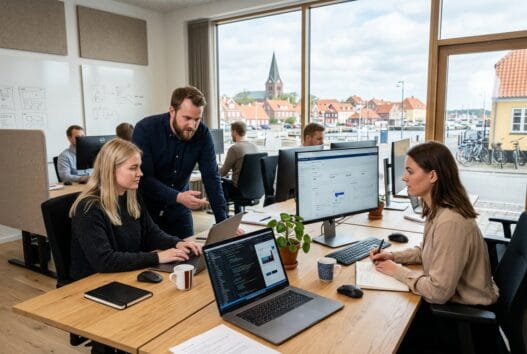Moderne webbureau i Rønne med team ved computer og digitale skærme i lyst kontormiljø