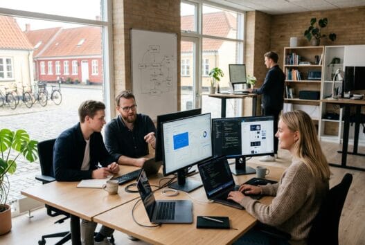 Skandinavisk webbureau i Rørbæk med team, der arbejder med digitale løsninger foran skærme
