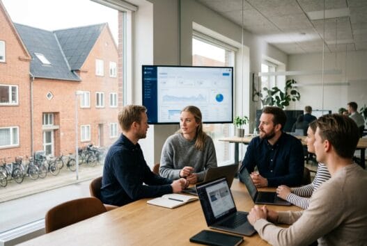 Dansk webbureau i rold med team ved computer og dashboards i moderne kontormiljø
