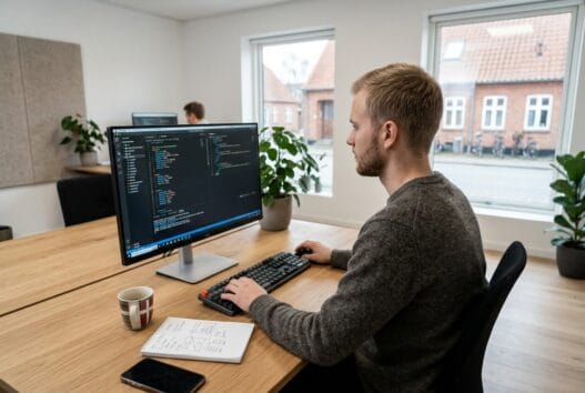 Moderne webbureau i rolsted med skandinavisk team, der arbejder ved computere med digitale dashboards