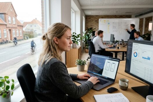 Moderne webbureau i Rønninge med dansk team, der arbejder med digitalt design og data på kontor