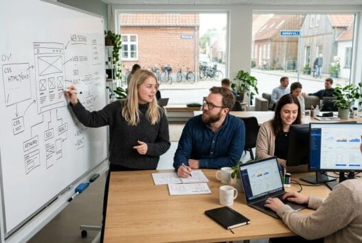 Moderne webbureau i rørby med skandinavisk team, der arbejder med design, kode og digitale dashboards