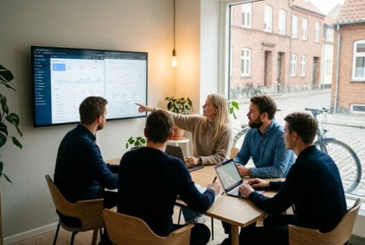 Moderne webbureau i Roskilde med team ved computer og digitale dashboards