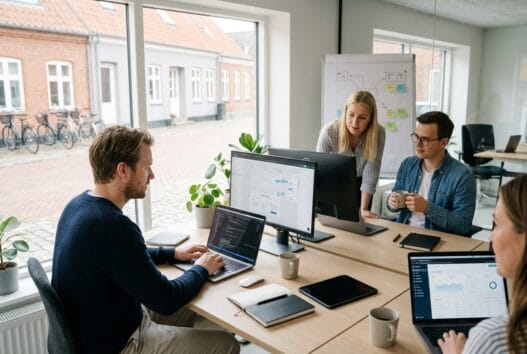 Moderne webbureau i rosted med dansk team foran skærme og digitale dashboards