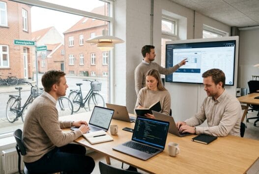 Skandinavisk webbureau i rostrup med team ved computere og digitale dashboards i moderne kontor