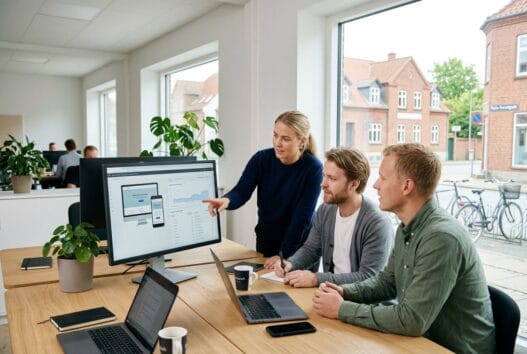 Skandinavisk team arbejder med webdesign og dashboards på et moderne kontor i rude