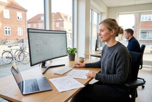 Skandinavisk webbureau i Rudersdal med team ved computere og digitale dashboards