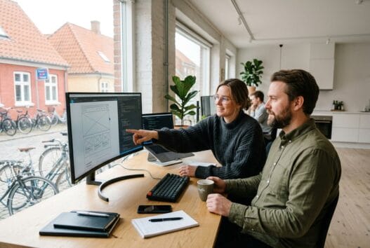 Dansk webbureau i Rudkøbing med team foran skærme og digitale dashboards i moderne kontor