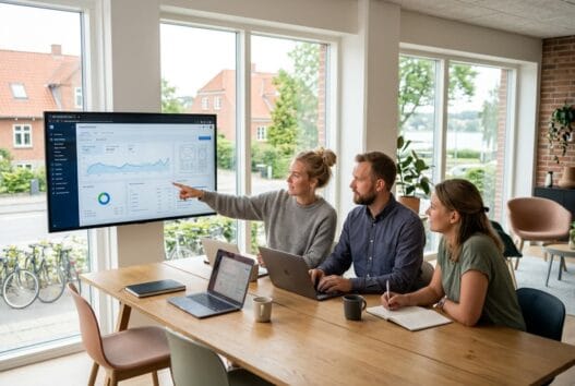 Skandinavisk team arbejder med webdesign og SEO på kontor i ry