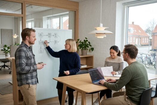 Moderne dansk webbureau i Rynkeby med team ved computer og dashboards i lyst kontor
