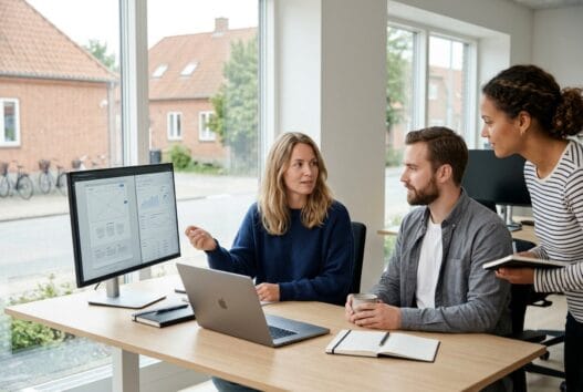 Webbureau i Ryomgård med team ved computer og dashboards i moderne skandinavisk kontor