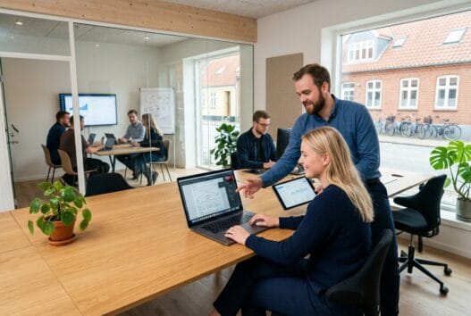 Moderne webbureau i Ryslinge med dansk team, der arbejder ved computer i lyst kontormiljø