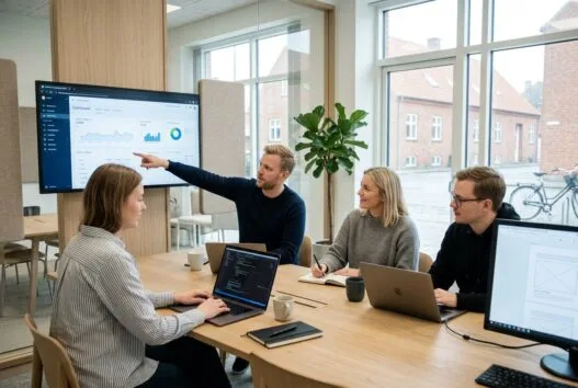 Moderne webbureau i Sabro med skandinavisk team ved computer og digitale dashboards