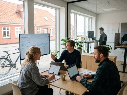 Moderne webbureau med dansk team foran skærme i sæby (4270) med fokus på digitalt arbejde