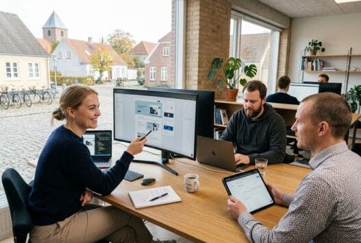 Dansk webbureau i Særslev med team foran skærme og digitale dashboards