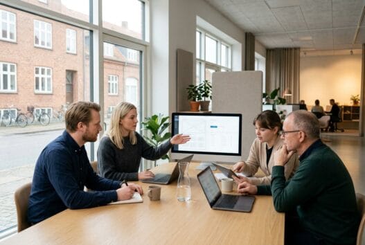 Moderne webbureau i sahl med skandinaviske medarbejdere ved computer og digitale dashboards