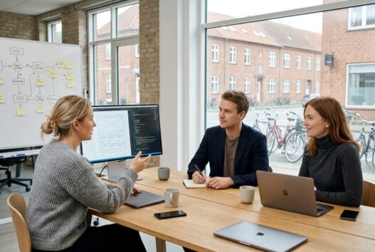 Skandinavisk webteam arbejder med design og SEO i et moderne kontor i Saksild