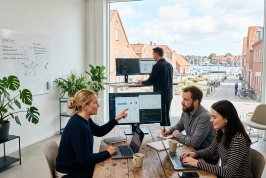 Realistisk webbureau-team ved computer i Sakskøbing med fokus på digitalt arbejde