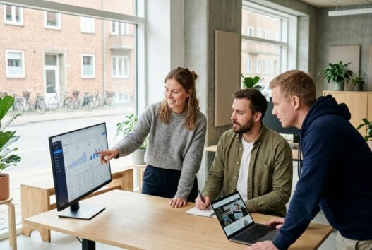 Moderne webbureau i Salten med dansk team foran skærme og digitale dashboards