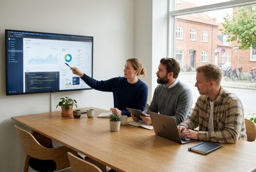Dansk webbureau i Sandager med team ved computer og digitale dashboards i moderne kontor