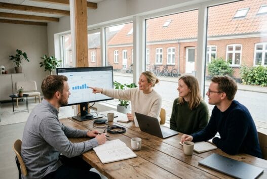 Dansk webbureau i sandby med team ved computer og dashboards i et lyst kontor