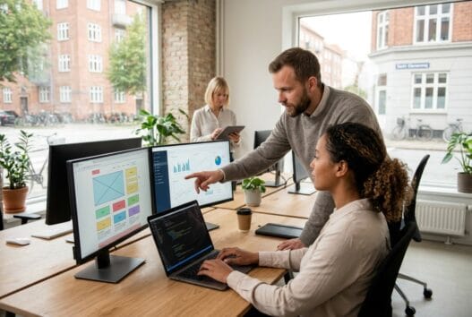Dansk team arbejder med webdesign og digitale analyser på kontor i Sankt Klemens