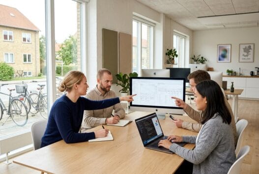 Moderne kontormiljø med danske medarbejdere, der arbejder med webdesign og SEO i saunte