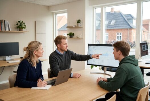 Moderne webbureau i sebbersund med dansk team ved computer og digitale dashboards