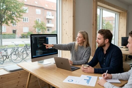 Dansk webbureau i seden med team ved computer og digitale dashboards i et lyst kontor