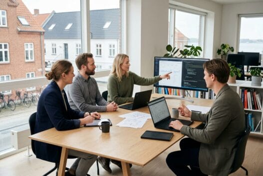 Skandinavisk webbureau-team arbejder ved computere i seden strand med fokus på digital strategi