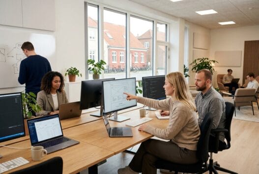 Moderne kontor med danske medarbejdere, der arbejder med webdesign og SEO i sejerby
