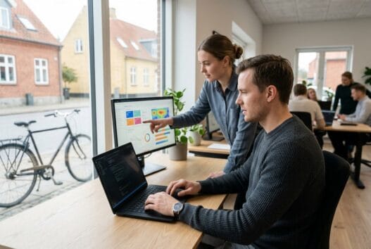 Moderne webbureau i Sejerslev med team ved computer og digitale dashboards i et lyst kontor