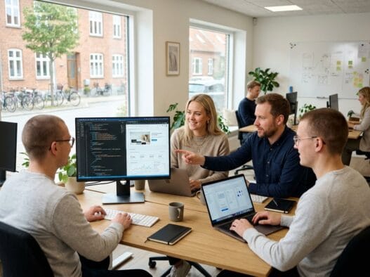 Dansk webbureau i Sejet med team ved computer og digitale dashboards i moderne kontor
