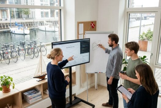 Dansk webbureau i sejling med team ved computer og digitale dashboards i moderne kontor