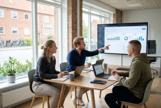 Dansk webbureau i Sejs-Svejbæk med team ved computere og digitale dashboards