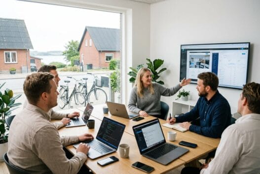 Realistisk kontormiljø med danske medarbejdere, der arbejder med webdesign og digitale løsninger i selde