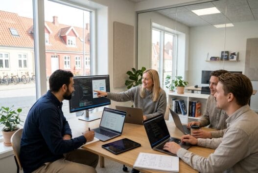 Dansk team arbejder med webdesign, SEO og digital strategi på kontor i selling