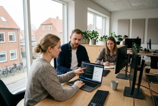 Moderne webbureau i sengeloese med dansk team ved computer og dataanalyser i lyst kontor
