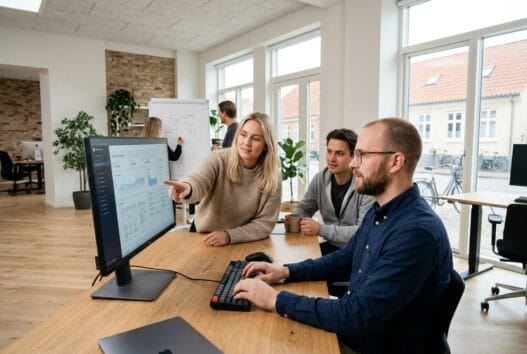 Moderne webbureau i Sennels med skandinavisk team, der arbejder ved computer og dashboards