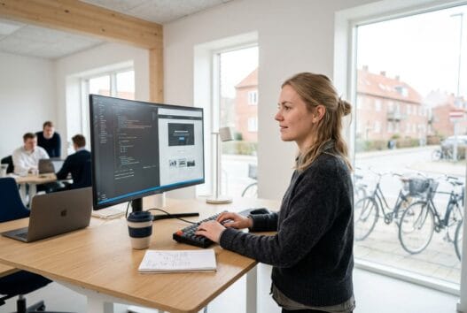 Skandinavisk team arbejder med webdesign og digitale dashboards på kontor i Serup