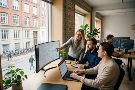 Dansk webbureau i sig med team ved computer og dashboards i moderne kontor