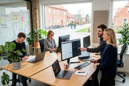 Dansk webbureau i sigerslev med team foran skærme og digitale dashboards i moderne kontor